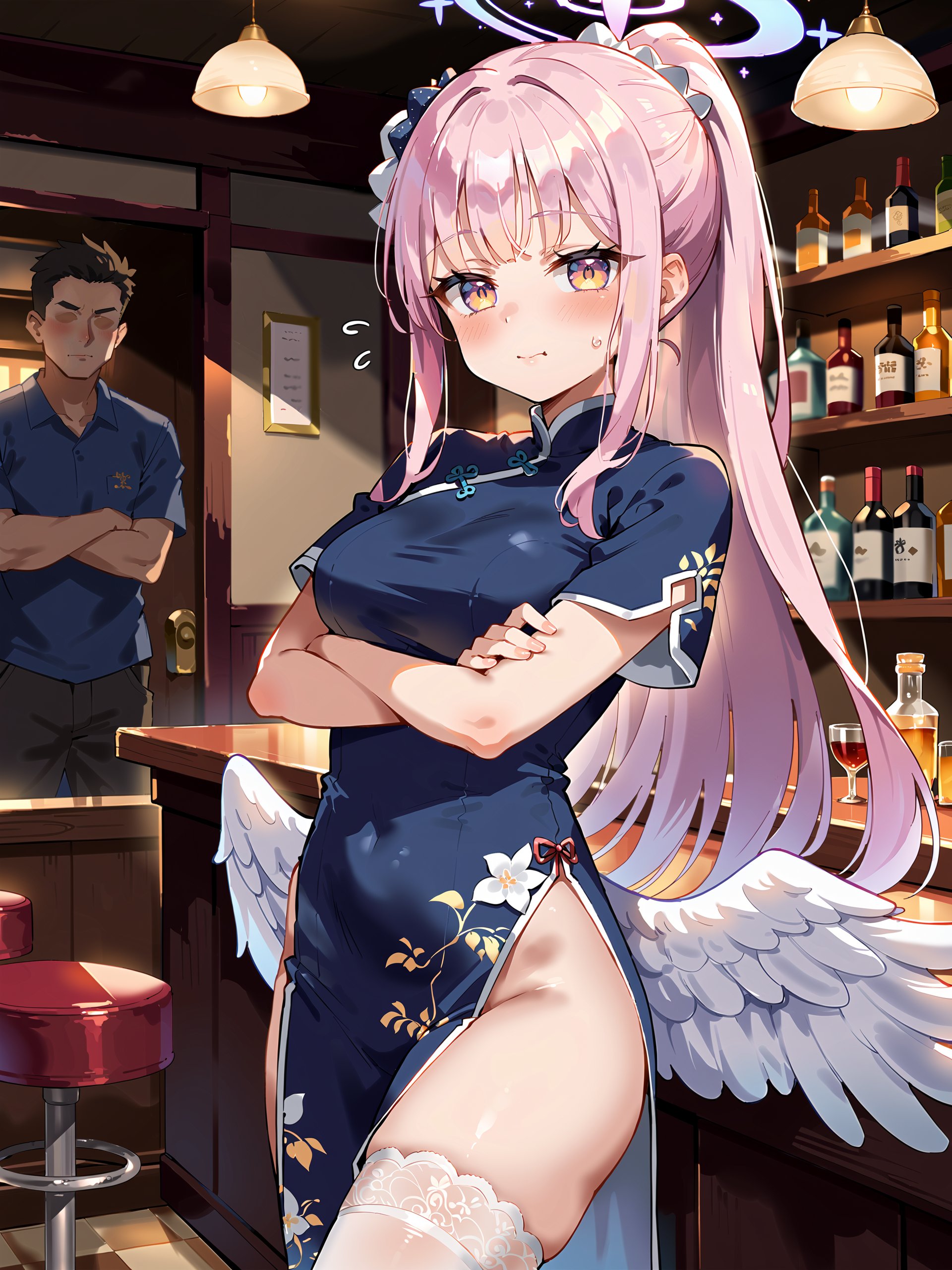 score_9, score_8_up, score_7_up, source_anime, 1girl, mika \(blue archive\), low wings, ponytail, halo, china dress, highleg, lace-trimmed legwear, cowboy shot, bar \(place\), indoors, depth of field, pout, taut dress, v arms, looking at viewer, embarrassed, blush, flying sweatdrops  <lora:Char-BlueArchive-Mika-Pony-V1:0.9>