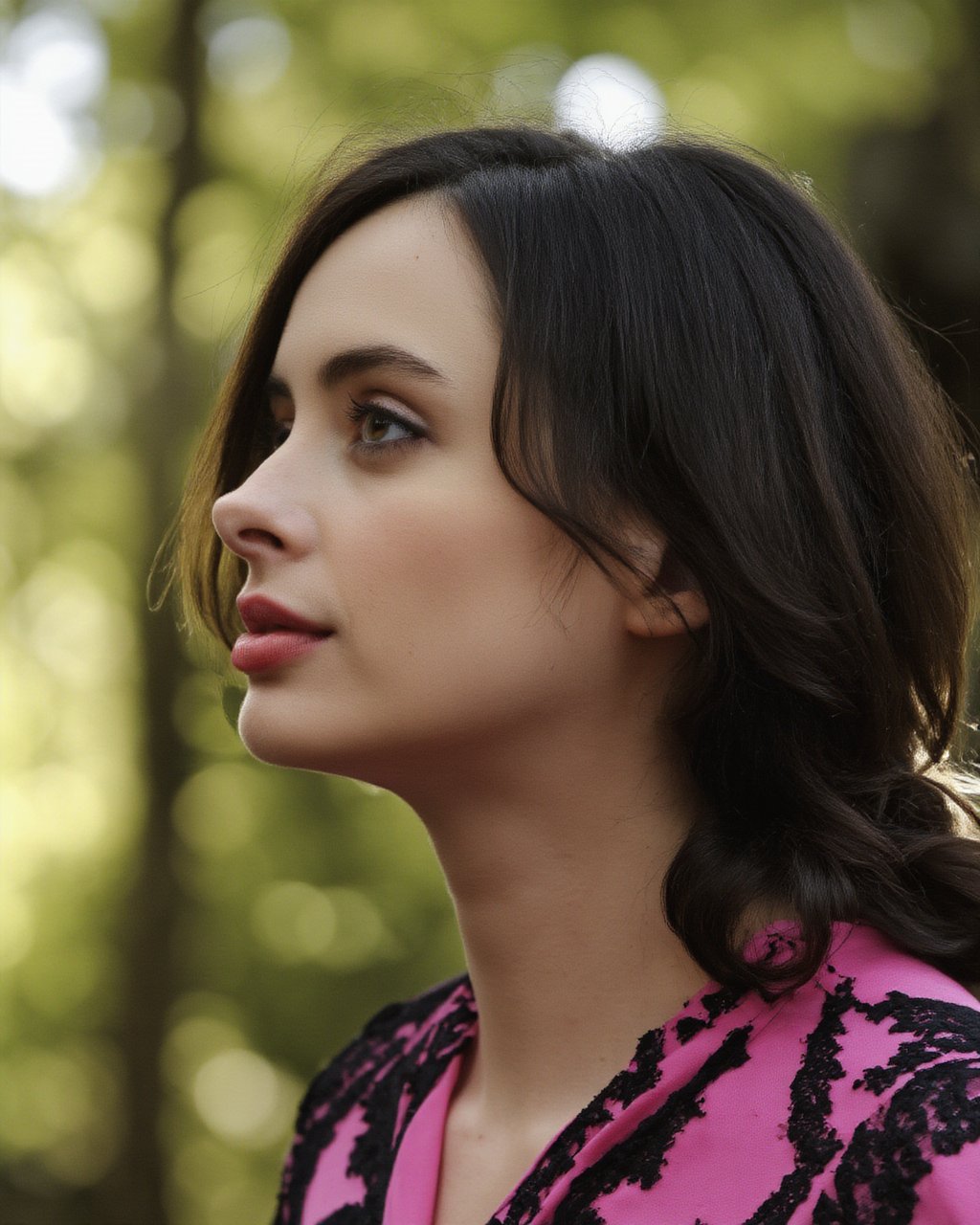 A portrait of krysten_ritter with long, wavy brown hair, captured in a side profile. She wears a pink blouse with black lace sleeves. The woman's gaze is directed upwards, and her expression is serene and contemplative. The background is a bokeh of soft, blurred lights, creating a dreamy, ethereal atmosphere. The color palette primarily consists of earthy tones, with the woman's hair and blouse contrasting against the forest backdrop. The image conveys a sense of tranquility and introspection.