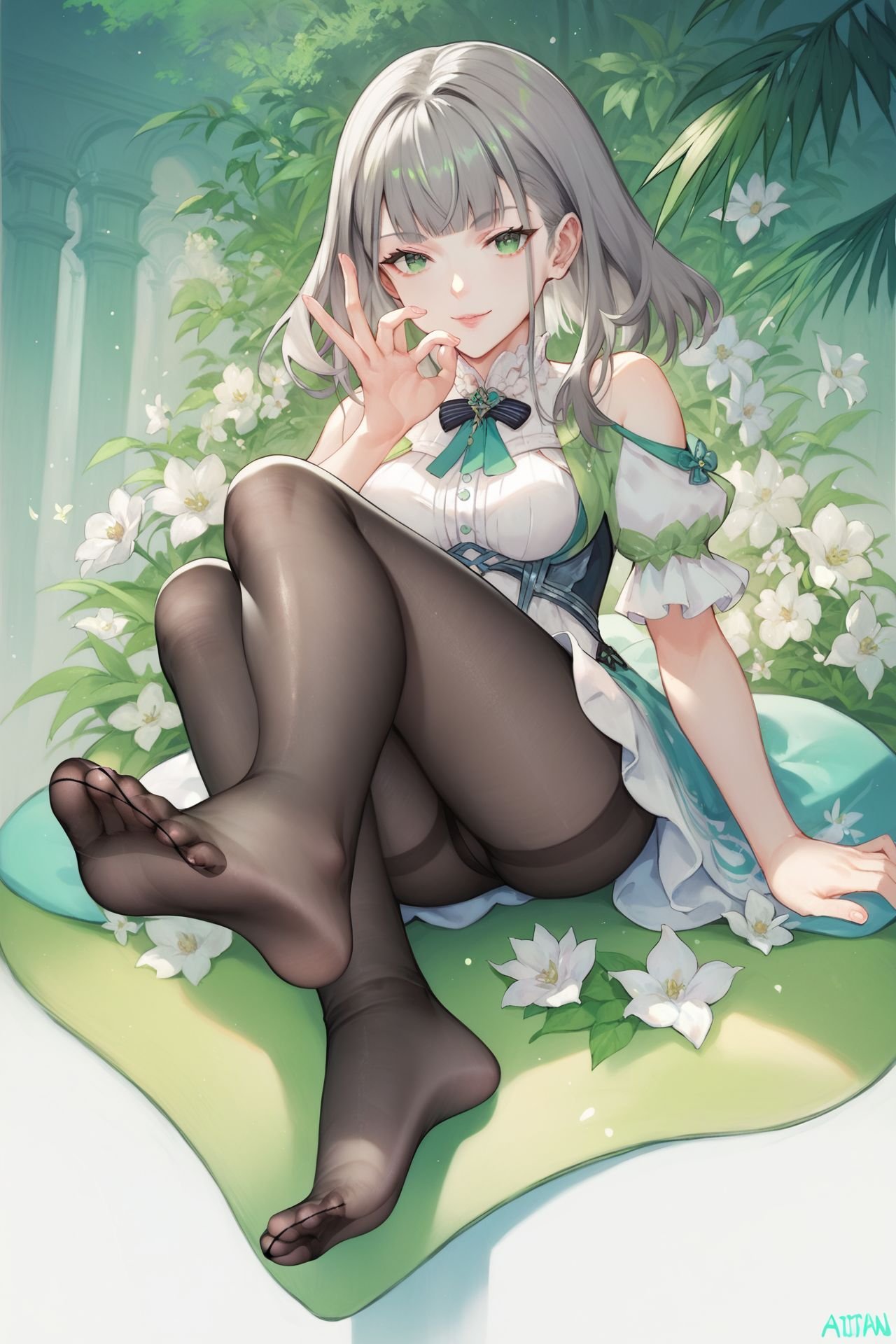 score_9, score_8_up, score_7_up, 1girl, sitting, looking at viewer, soles, pantyhose, foot focus, foreshortening, cunnilingus gesture, naughty face, grey hair, blunt bangs, green eyes, medium breasts, green blouse, day, Alpina \(flower\) background, <lora:atdan_PonyXL_style_v01:1>