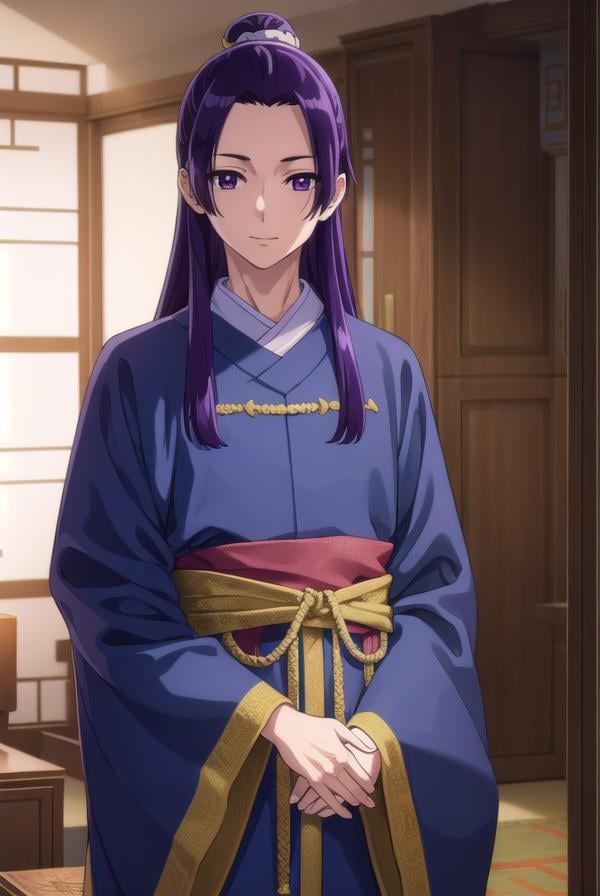 jinshi, <lora:jinshi s1-lora-nochekaiser:1>,jinshi, long hair, (purple eyes:1.1), purple hair, male focus, hair bun, (parted bangs:1.5), smile,BREAK long sleeves, wide sleeves, chinese clothes, robe, hanfu,BREAK indoors,BREAK looking at viewer, (cowboy shot:1.5),BREAK <lyco:GoodHands-beta2:1>, (masterpiece:1.2), best quality, high resolution, unity 8k wallpaper, (illustration:0.8), (beautiful detailed eyes:1.6), extremely detailed face, perfect lighting, extremely detailed CG, (perfect hands, perfect anatomy),