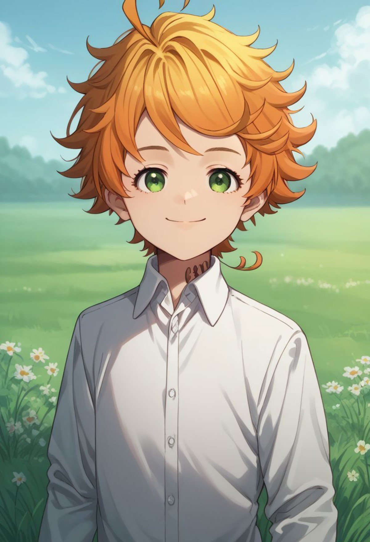 score_9, score_8_up, score_7_up, source_anime, highly detailed, emma, 1girl, shirt, green eyes, short hair, white shirt, orange hair, ahoge, solo, number tattoo, long sleeves, upper body, closed mouth, collared shirt, neck tattoo,  smile,outdoor, grass, sky,