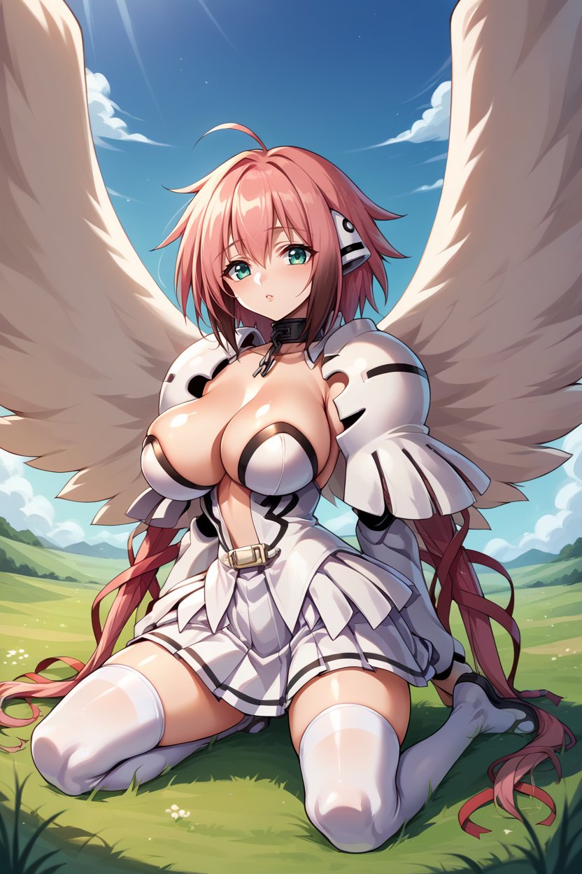 score_9, score_8_up, score_7_up, score_6_up, source_anime, BREAK 1girl,  <lora:ikaros-pdxl-nvwls-v1-000005:1> ikaros, twintails, ribbon, robot ears, white wings, choker, chain, shoulder armor, white dress, cleavage, pleated skirt, bracers, white thighhighs, large breasts, looking at viewer, looking at you, field, sky, clouds, kneeling