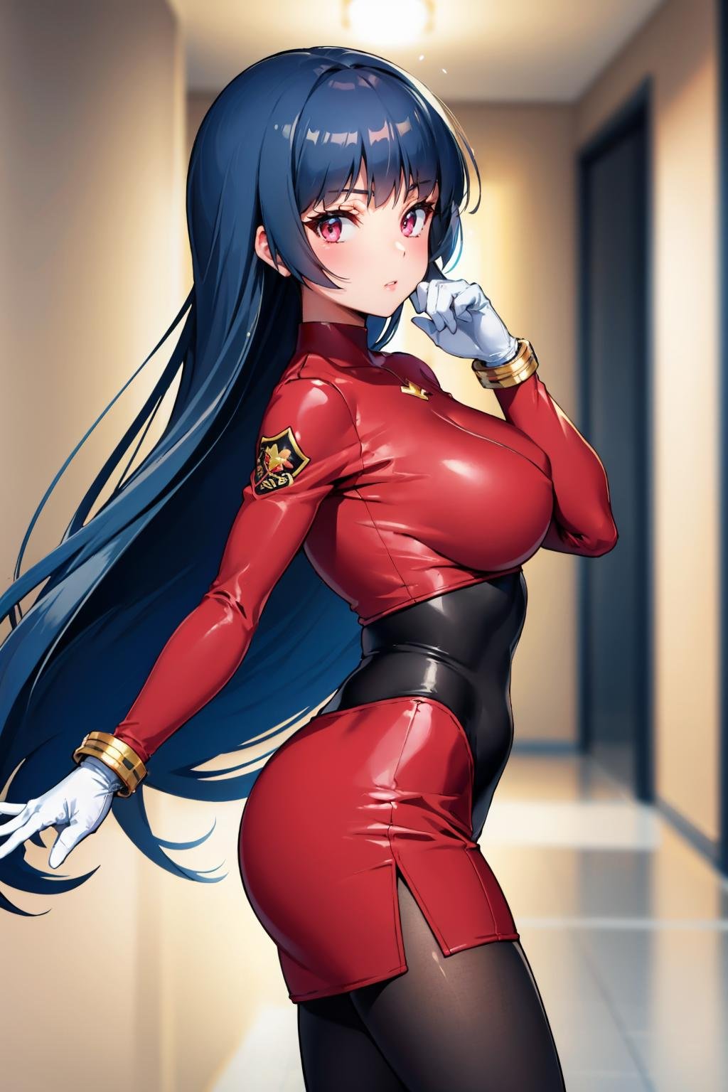 masterpiece, best quality, <lora:sabrina-nvwls-v1-000009:0.9> frlgsabrina, blunt bangs, very long hair, black hair, black bodysuit, red crop top, red sleeves, red skirt, white gloves, black pantyhose, large breasts, looking at viewer, from side, hallway