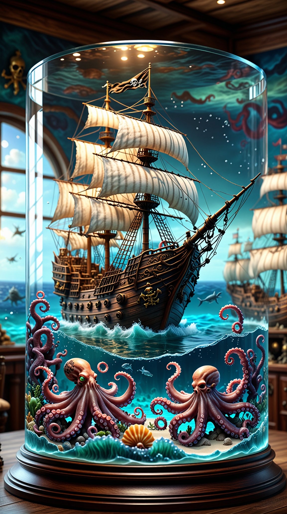 a wide glass tank Diorama of a seascape with a pirate ship sailing on the ocean, below the water is a octopus sea monster, detailed image, high quality detailed art, glass tank, amazing wallpaper, digital painting highly detailed, 8K, beautiful art, UHD, focus on glass illusion, bokeh,  extremely detailed Award winning photography fantasy studio lighting photorealistic very attractive beautiful imperial colours ultra detailed 3D ,