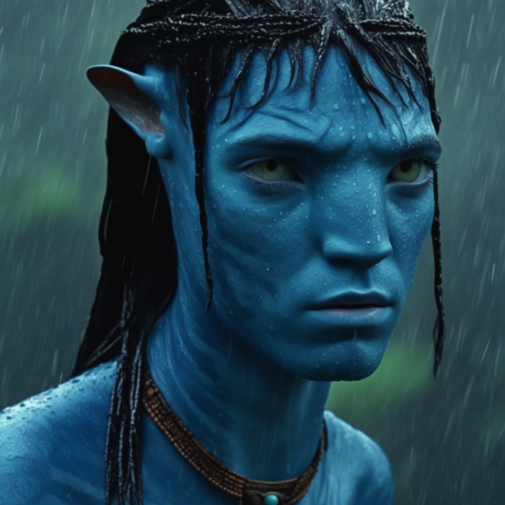 Beautiful na’vi, blue skin, freckles, black braids, tribal jewelry, male, 1boy, in the rainy jungle, wet, serious face, realistic_eyes, skin details, hyper_realistic, extreme details, HDR, 4k quality, perfect, HD resolution, movie scene, movie still