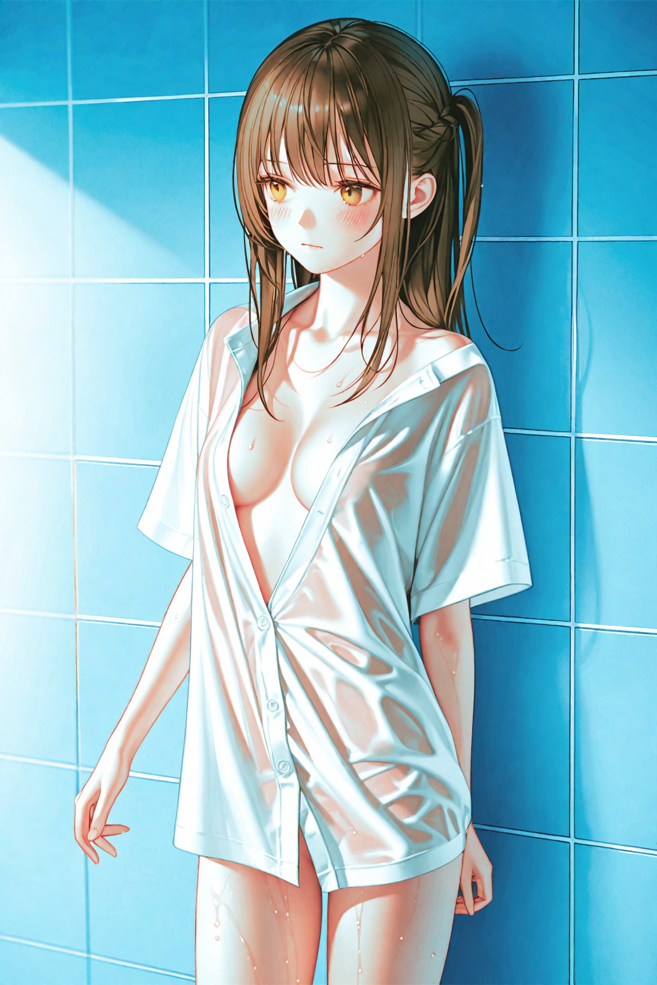 masterpiece,best quality,illustration,ultra detailed,hdr,Depth of field,(colorful),[Artist chen bin],[iumu],1girl,solo,breasts,shirt,long_hair,wet,collarbone,white_shirt,small_breasts,blush,naked_shirt,two_side_up,braid,no_bra,closed_mouth,cowboy_shot,short_sleeves,brown_hair,brown_eyes,standing,wet_clothes,see-through,tiles,off_shoulder,tile_wall,yellow_eyes,sidelocks,cleavage,wet_shirt,dress_shirt,medium_breasts,open_clothes,