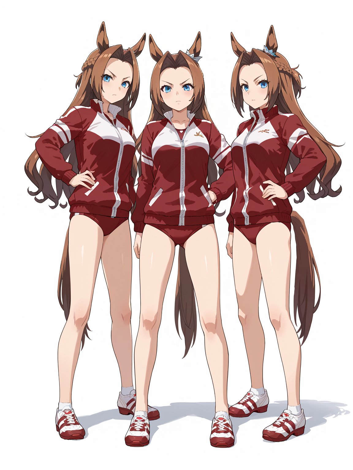 <lora:Kawakami_Princess:0.7>,K_Princess,kawakami princess,blue eyes,blown hair,long hair,one length hair,short ponytail,crown braid,horse ears,horse tail,K_tracksuit,red track suit,red buruma,hand on own hip, angry,white background, looking at viewer, score_9, score_8_up, score_7_up,source_anime