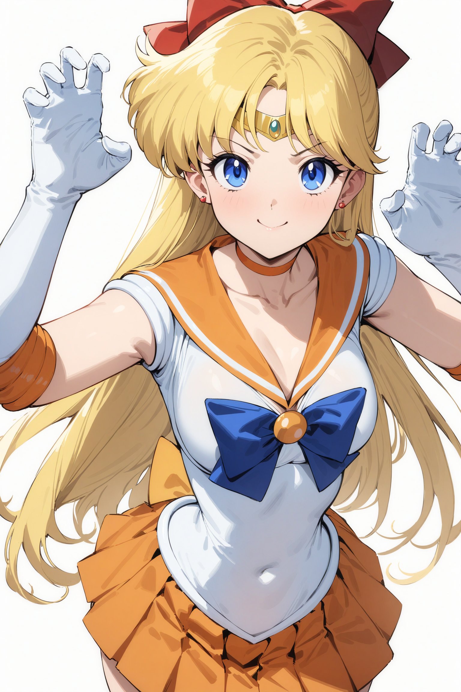 masterpiece, best quality, very aesthetic, absurdres, aavenus, long hair, blonde hair, hair bow, tiara, blue eyes, earrings, orange choker, collarbone, orange sailor collar, blue bowtie, white shirt, white leotard, elbow gloves, white gloves, pleated skirt, orange skirt,  <lora:sailor_venus_XL_v1(anima):0.9>, smile, claw pose