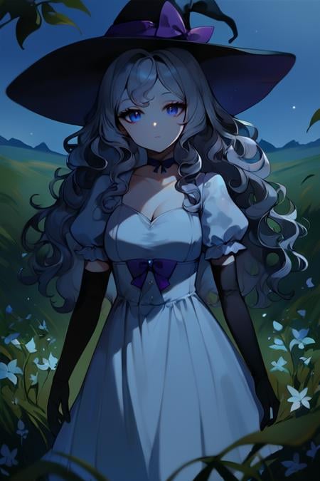 score_9, score_8_up, score_7_up, dark theme, low light, 1girl, witch hat, hat, solo, long hair, flower, dress, choker, puffy sleeves, looking at viewer, grass, white dress, bow, hat bow, white hair, black choker, plant, outdoors, blue eyes, purple eyes, black headwear, bangs, long sleeves, gloves, witch, blue bow, wavy hair, short sleeves, puffy short sleeves, elbow gloves, black gloves, standing, field, grey hair, sky, purple bow, breasts, curly hair, parted lips, expressionless, cowboy shot, closed mouth, leaf <lora:Anime Cold Night Style SDXL_LoRA_Pony Diffusion V6 XL:1>
