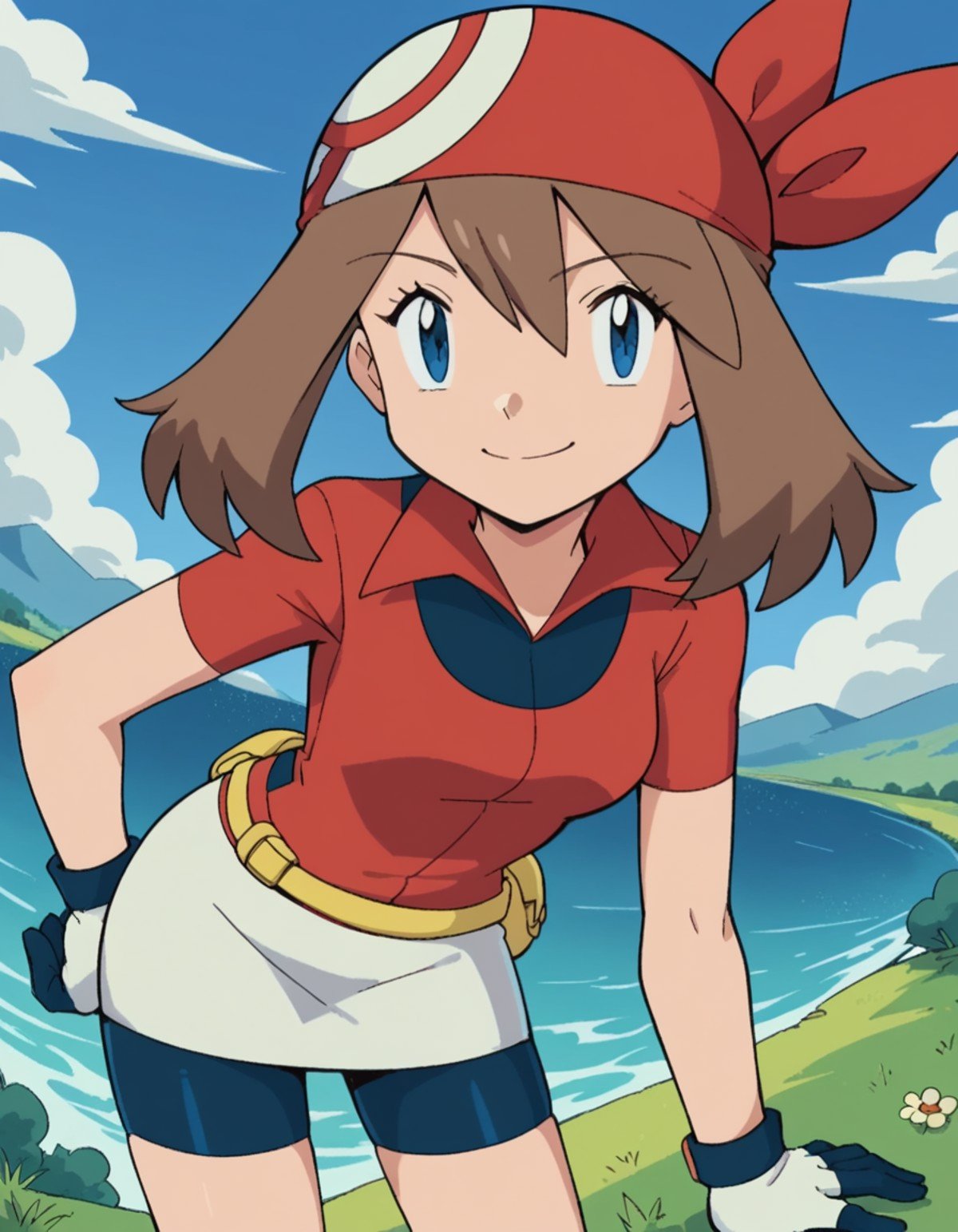 score_9, score_8_up, score_7_up, source_anime, <lora:pokemon-may-anime-ponyxl-lora-nochekaiser:1>, pokemonmay, blue eyes, brown hair, bandana, long hair, red bandana, twintails, hair between eyes,, bike shorts, collared shirt, gloves, microskirt, multicolored shirt, pencil skirt, red shirt, shirt, short sleeves, skirt, white skirt,, landscape, bent over, smile,, looking at viewer, solo, cowboy shot, dutch angle