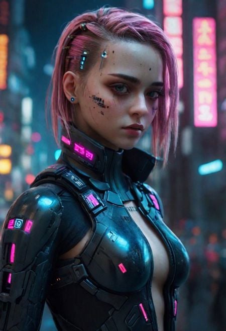 Girl Android in city Cyberpunk, ultrarealist,  very detailed,  8k , 35mm,  detailed face, detailed background 