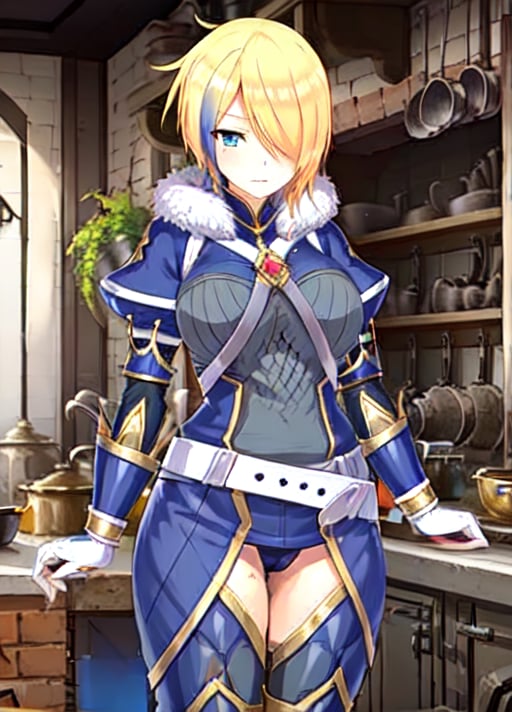 <lora:Claire Liver020-10:0.75> claire-liver020, blonde hair, 1girl, blue hair, hair over one eye, multicolored hair, solo, blue eyes, armor, short hair, mole, mole under eye, fur trim, braid, jewelry, streaked hair, earrings, belt, (big breasts:1.4), boots, (thighs:1.3)