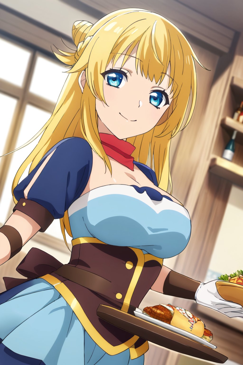 ritto, single hair bun,1girl, solo, smile, apron, blue shirt, blue skirt, frilled apron, frills, gloves, head scarf, shirt, short sleeves, skirt, uniform, waist apron, waitress, white apron, white gloves, food, tray, food tray, indoors, restaurant, looking at viewer, dutch angle, cowboy shot,masterpiece, perfect face, best quality, beautiful girl, cute girl, beautiful eyes, shiny eyes, anime coloring, anime screencap, absurdres, award winning,<lora:ritto s2 ghost 903:0.8>