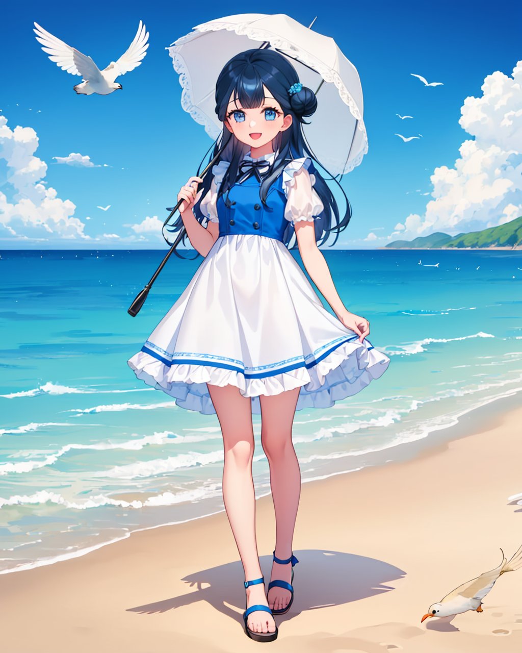 masterpiece,best quality, highly detailed, yakushiji saaya,1girl, solo, outdoors, hair flower, ocean, beach, white dress, looking at viewer, sandals, day, sunflower, cloud, open mouth, blue sky, full body, holding, hair bun, :d, standing, sundress, ribbon, parasol, bird,<lora:yakushiji_saaya:1>