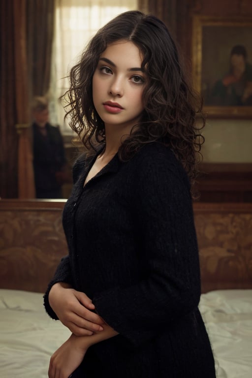 (masterpiece,best quality:1.2), high detailed,realistic,1girl, d3vac, wavy hair, black hair,by Annie Leibovitz<lora:DevaCasselSD:1>