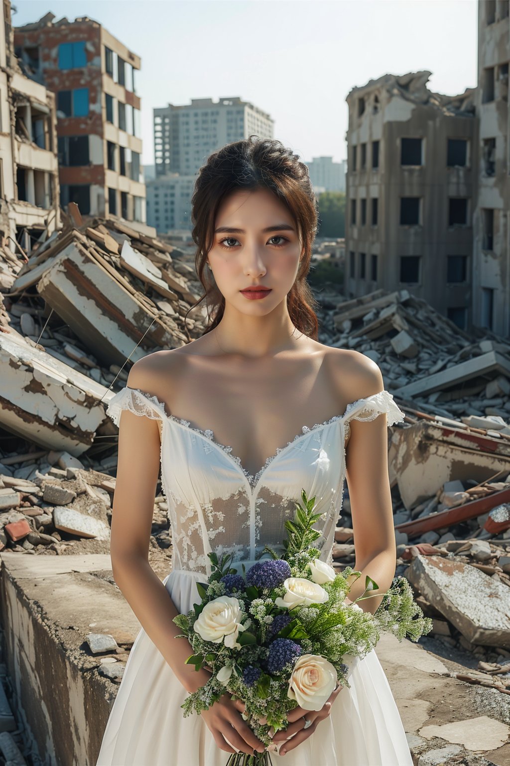 1girl,white dress,bouquet,rubble_ruins,<lora:麻袋2024-008:0.6>,portrait,, masterpiece,best quality,ultra-detailed,