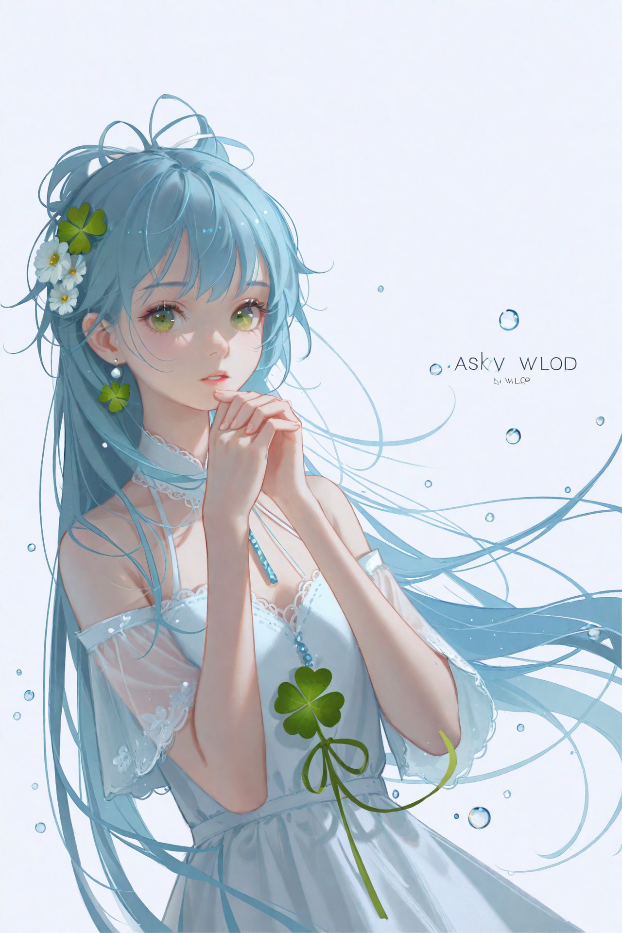 masterpiece,best quality,high quality,(colorful),[Artist sk (askzy)],[Artist wlop],Artist SHC, 1girl,Luo Tianyi (Vocaloid), clover, solo, long hair, green eyes, four-leaf clover, dress, flower, own hands together, looking at viewer, water, hair ornament, parted lips, very long hair, bangs, earrings, white background, jewelry, bare shoulders, upper body, white dress, hair flower, ribbon, simple background, hands up, blush