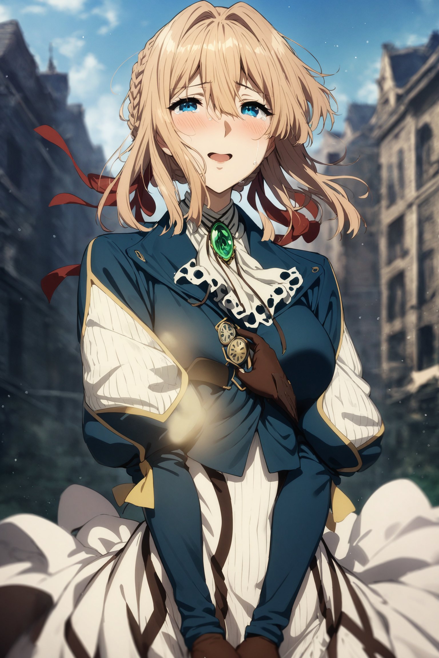 masterpiece, best quality, very aesthetic, absurdres, aave, braid, hair ribbon, red ribbon, jewelry, white ascot, brooch, blue jacket, long sleeves, brown gloves, white dress, long dress, violet evergarden, <lora:violet_evergarden_XL_v1(anima):0.9>, upper body, outdoors, tears, smile, open mouth, looking at viewer, blush