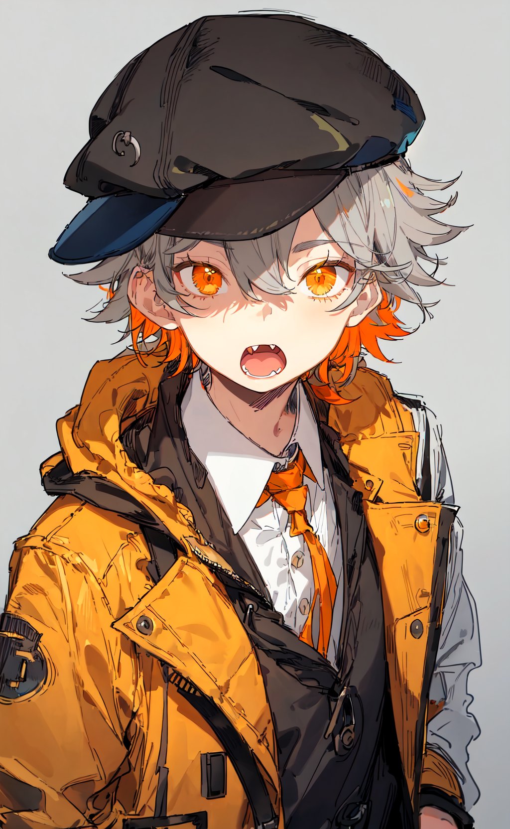 masterpiece, best quality, sketch, 1boy, brown hair, collared shirt, eyelashes, flat cap, grey background, grey hair, hair between eyes, hat, hood, hooded jacket, jacket, looking at viewer, multicolored hair, open mouth, fang, orange eyes, portrait, shirt, short hair, white shirt, yellow jacket