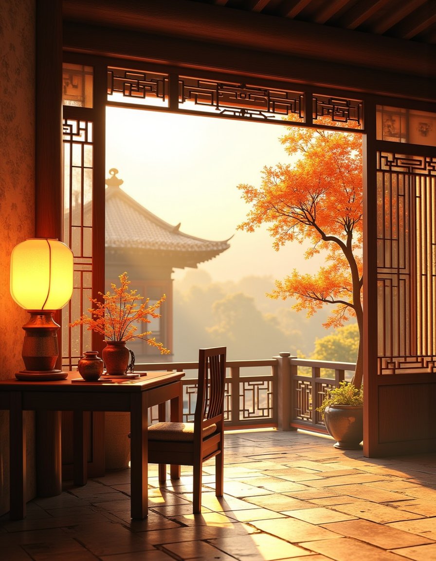 no humans, scenery, table, chair, sunlight, indoors, architecture, east asian architecture, window, plant, lamp, tree, lantern, autumn leaves <lora:客栈:1>