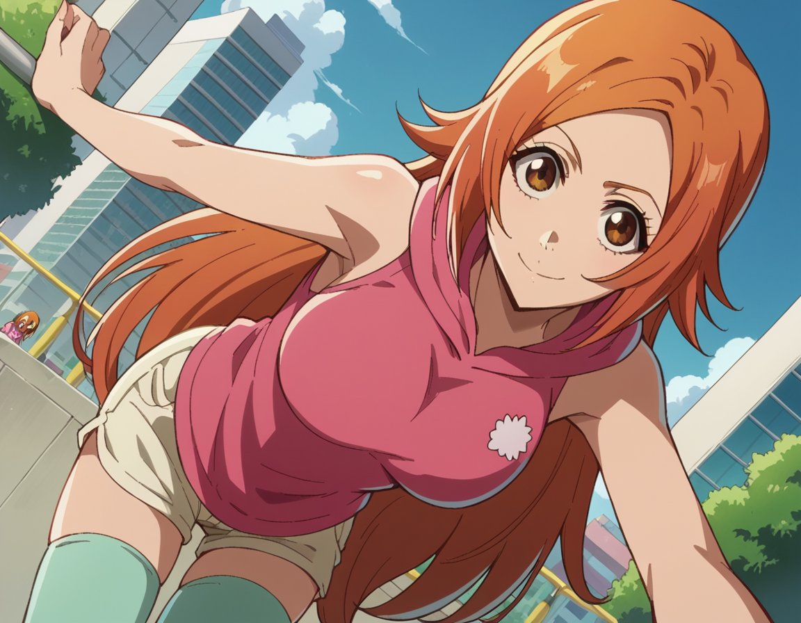 score_9, score_8_up, score_7_up, source_anime,inoueorihime, <lora:inoue-orihime-tybw-ponyxl-lora-nochekaiser:1>,inoue orihime, long hair, orange hair, brown eyes,thighhighs, shorts, sleeveless, hood, hoodie, pink hoodie,outdoors, cityscape, bent over, smile,looking at viewer, cowboy shot, dutch angle, solo,