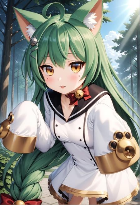 masterpiece, best quality, very aesthetic, ultra detailed, intricate details, 4k, anime style,AkashiAi, 1girl, solo, mole, mole under eye, yellow eyes, green hair, long hair, blush, smile, bangs, cat ears, animal ears, hair between eyes, brown eyes, very long hair, animal ear fluff,  long sleeves, dress, bow, ahoge, parted lips, choker, wide sleeves, sailor collar, white dress, red bow, sleeves past wrists, bell, jingle bell, sleeves past fingers, sailor dress, black sailor collar, akashi (azur lane)cowboy shot, looking at viewer, leaning forward, forest, outdoors, tree, sunlight, cloudy, <lora:Akashi_XL:1>