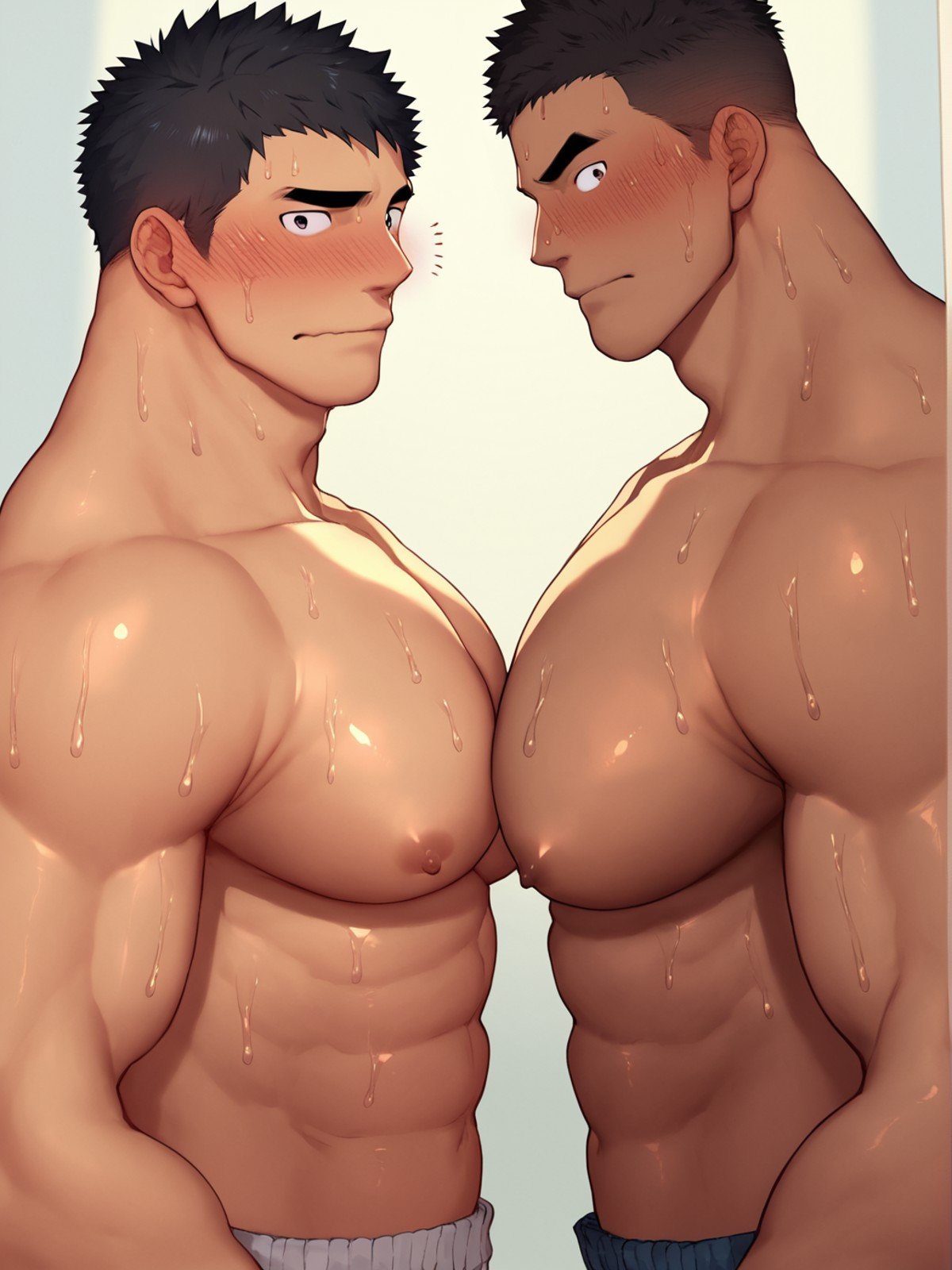 <lora:danzifn_01r:1> tan, short hair, black hair, 2boys, male focus, bara, side view, pectoral docking, touching pectorals, topless male, embarrassed, large pectorals, looking at you, sweat, big pecs, score_9, score_8_up, score_7_up, score_6_up, score_5_up