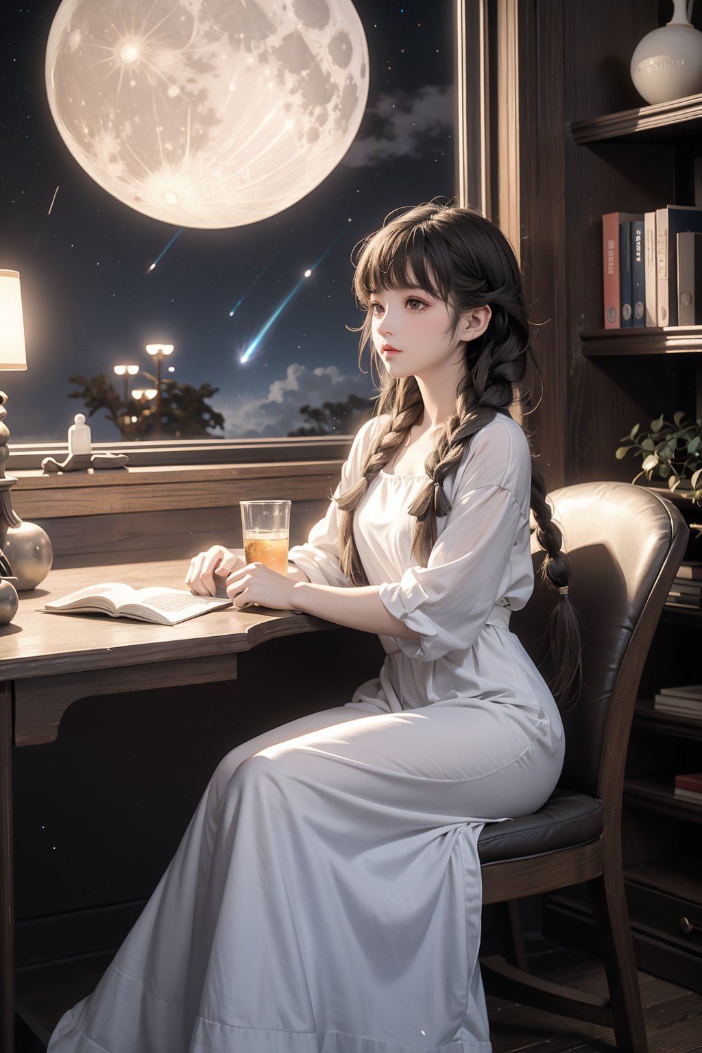 Star gazeR,1girl,solo,alone,light brown very long hair,(absurdly long hair:1.2),(1braid:1.3),(long braid, tungled braid:1.4),white night dress,star dress,looking at the viewer,in her room,book,shelf,window,box,stars in bottles,desk,chair,astronomical telescope,sitting,looking up the sky,brilliant shooting stars,(nebula, starry sky:1.3),(symbolic, dazzling, beautiful cressent moon background:1.4),breathraking,fairy tale,fantasy,pixiv,moon light,light particles,(masterpiece:1.2),best quality,PIXIV,cozy animation scenes,scenery,ultra detailed,COZY ANIMATION SCENES,starlight,star,