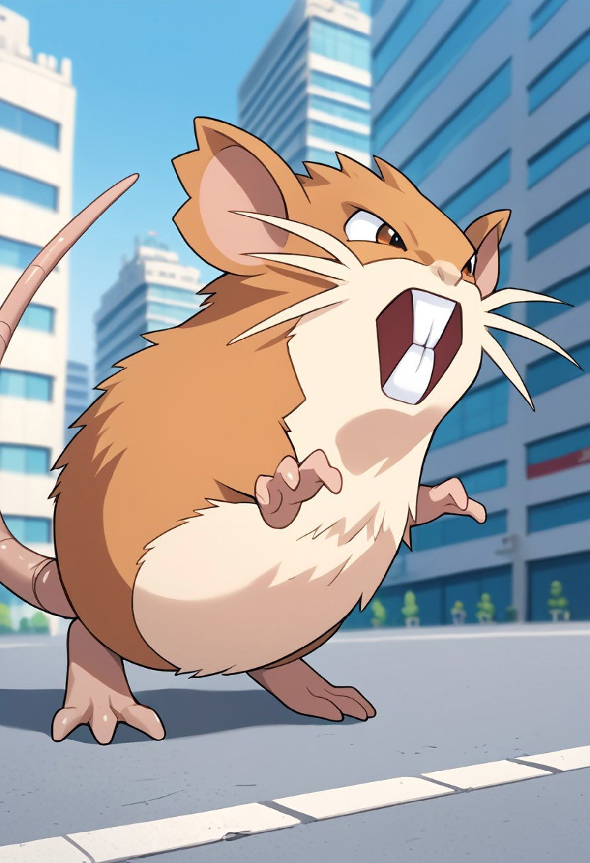 (source_anime, score_9, score_8_up, score_7_up:1), solo male, raticate, feral, looking to the side, outdoors, busy cityscape