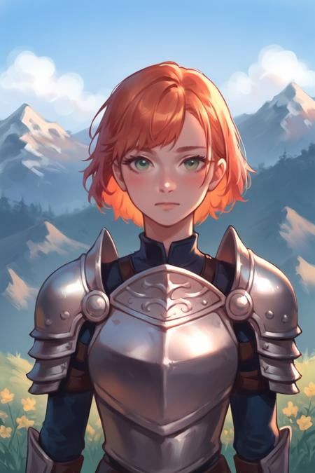 score_9, score_8_up, score_7_up, score_6_up, score_5_up, score_4_up, rating_safe, 1girl, outdoors, armor, solo, green eyes, mountain, orange hair, looking at viewer, shoulder armor, short hair, breastplate, upper body, day, sky, closed mouth, flower, blush, pauldrons, mountainous horizon, bangs, blue sky, grass <lora:Smooth Style LoRA XL:1>