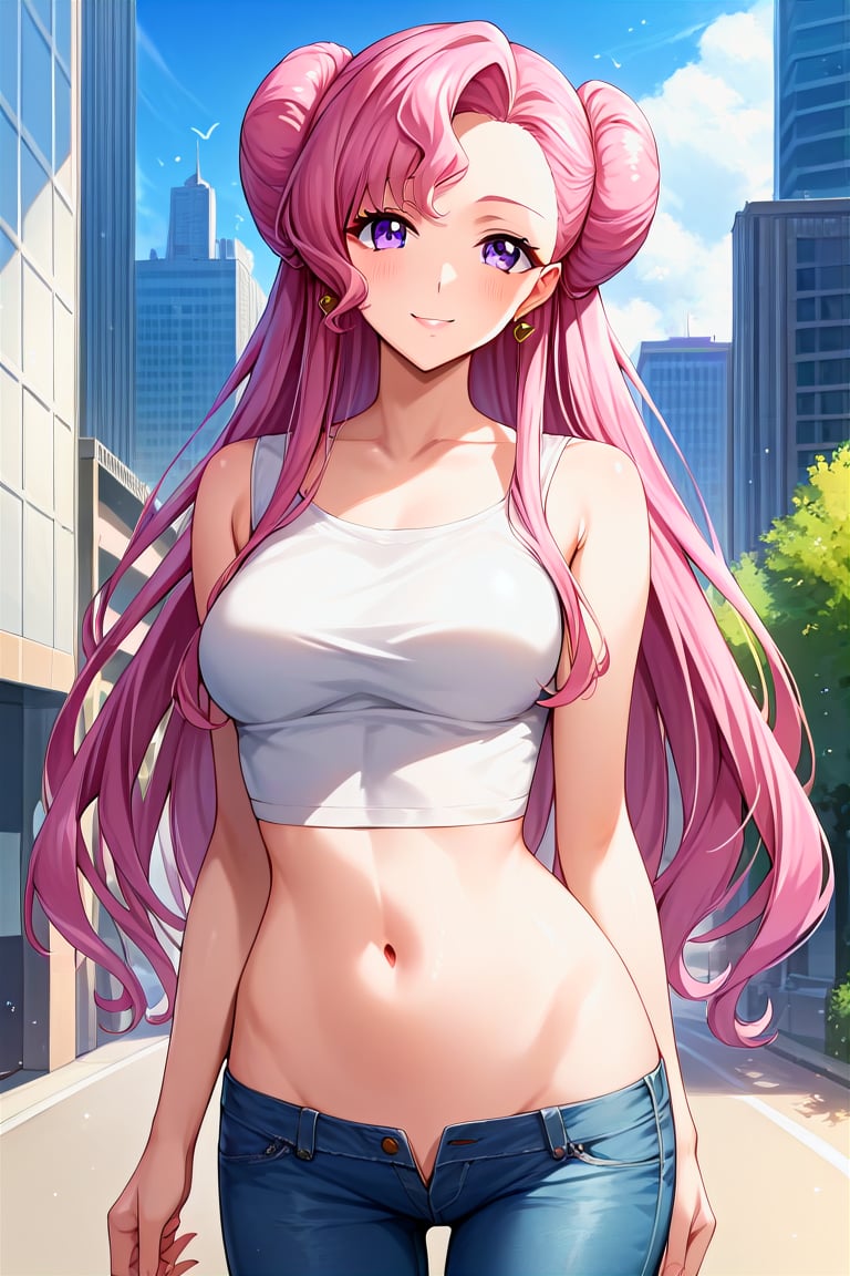 score_9, score_8_up, score_7_up, score_6_up, score_5_up, score_4_up, rating_questionable, , source_anime, digital illustration, pixiv, fanbox, uncensored, , BREAK, official art,1girl, female, euphemia li britannia, pink hair, long hair, purple eyes, double bun,  crop top, jeans, navel, groin, city, buildings, outdoors, light smile blush, looking at viewer, cowboy shot, colorful, vivid,<lora:Euphemia_li_Britannia_XL:0.8>