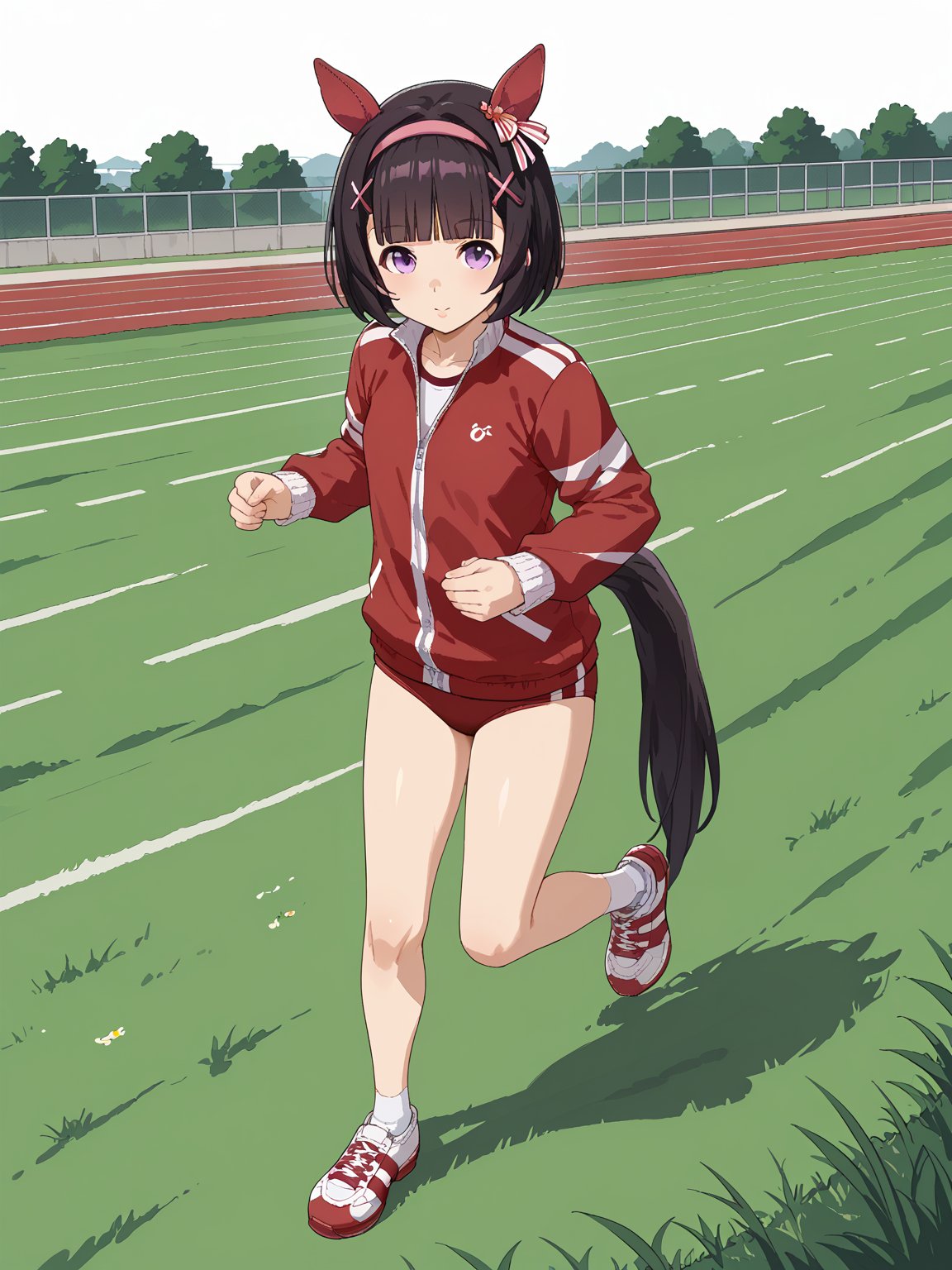 <lora:Nishino_flower_v1.0_Cibitai:0.7>,N_flower,bob cut,blunt bangs,short hair,blown hair,ear ornament,x hairclip,x hair ornament,pink hairband,purple eyes,horse ears,horse tail,small breasts,NF_tracksuit,red track suit,red buruma,red running shoes,white ankle socks,solo,white background, grass,running,wind,looking at viewer,, score_9, score_8_up, score_7_up,source_anime