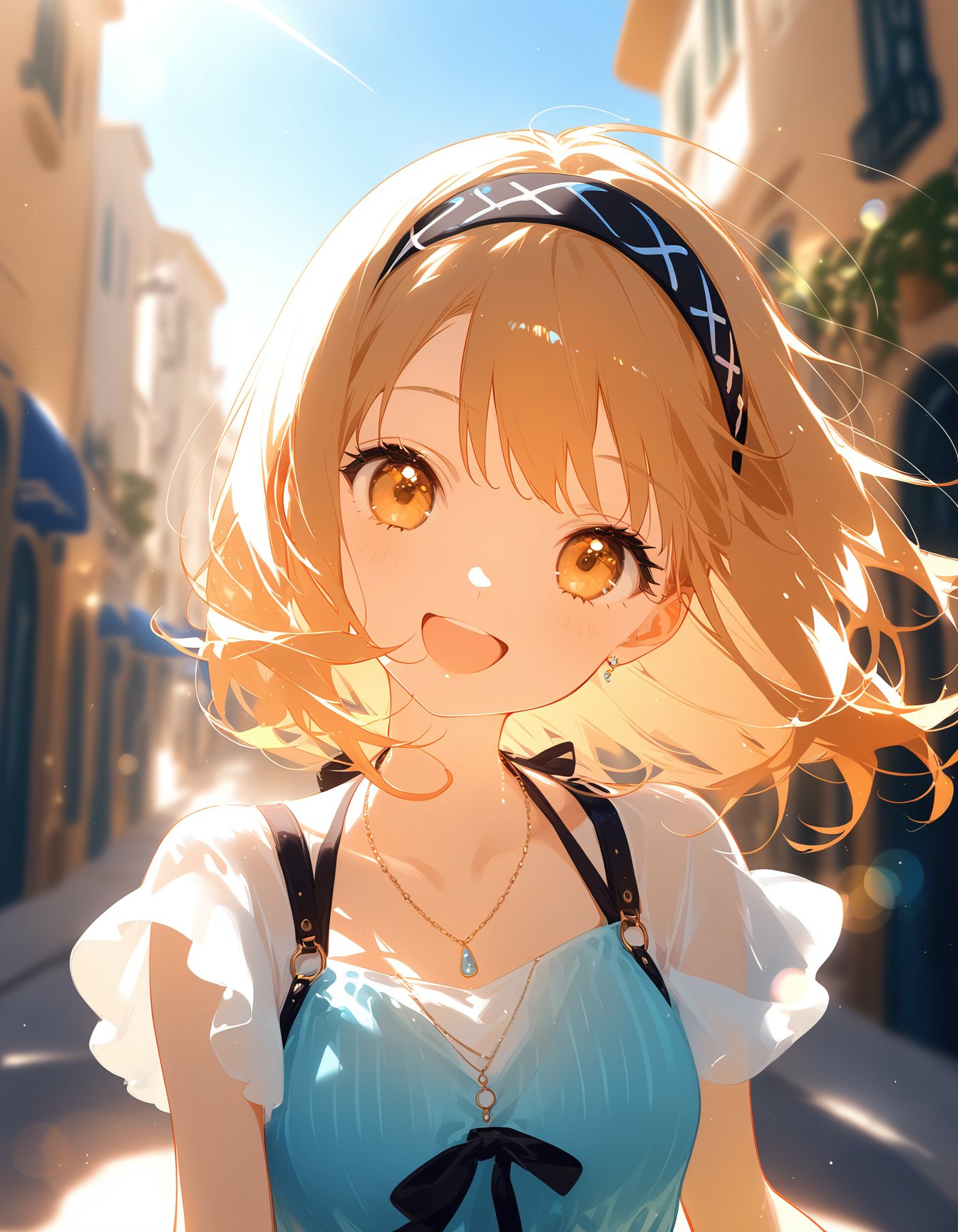 summer,cute 1girl,happy,walking in a Mediterranean port town,fashionable,trendy outfit,hairband,lens flare,blurry,(depth of field:1.1),head tilt,sunlight rays,