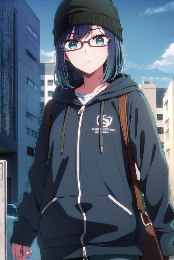 akanekurokawa, <lora:akane kurokawa s1-lora-nochekaiser:1>,akane kurokawa, bangs, (green eyes:1.3), blue hair, medium hair, dark blue hair,BREAK long sleeves, hat, jacket, glasses, hood, black jacket, black headwear, hoodie, hood down, red-framed eyewear, beanie,BREAK outdoors, city, sun, sky, clouds,BREAK looking at viewer, (cowboy shot:1.5),BREAK <lyco:GoodHands-beta2:1>, (masterpiece:1.2), best quality, high resolution, unity 8k wallpaper, (illustration:0.8), (beautiful detailed eyes:1.6), extremely detailed face, perfect lighting, extremely detailed CG, (perfect hands, perfect anatomy),