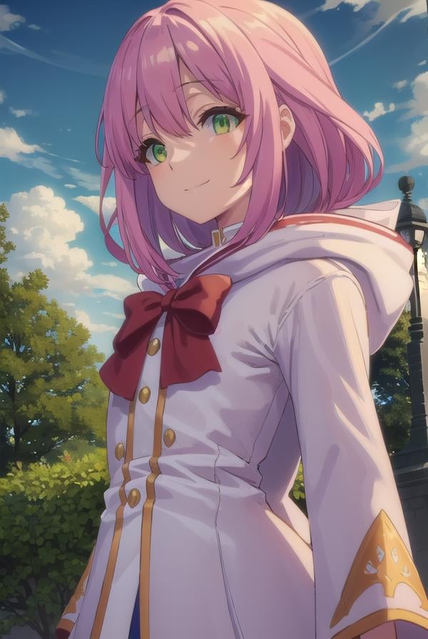 nornclatalissajioral, <lora:norn clatalissa jioral s1-lora-nochekaiser:1>,norn clatalissa jioral, long hair, hair between eyes, (green eyes:1.5), pink hair, smile,BREAK long sleeves, dress, bow, red bow, hood, robe, white robe,BREAK outdoors, forest, nature, grass, trees, sun, sky, clouds,BREAK looking at viewer, (cowboy shot:1.5),BREAK <lyco:GoodHands-beta2:1>, (masterpiece:1.2), best quality, high resolution, unity 8k wallpaper, (illustration:0.8), (beautiful detailed eyes:1.6), extremely detailed face, perfect lighting, extremely detailed CG, (perfect hands, perfect anatomy),