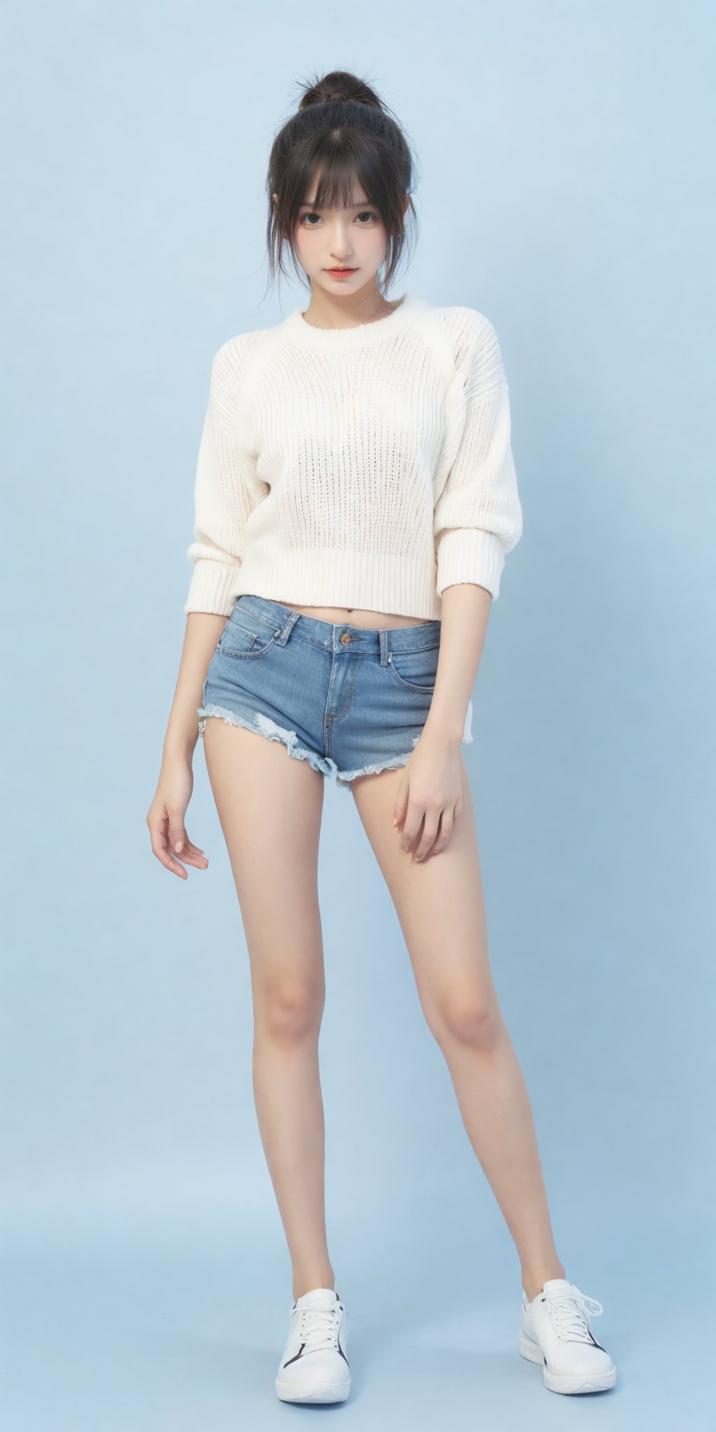 1girl,(standing:1.3),(denim_shorts:1.2),(blue background:1.3),(white sweater:1.2),white sneaker,