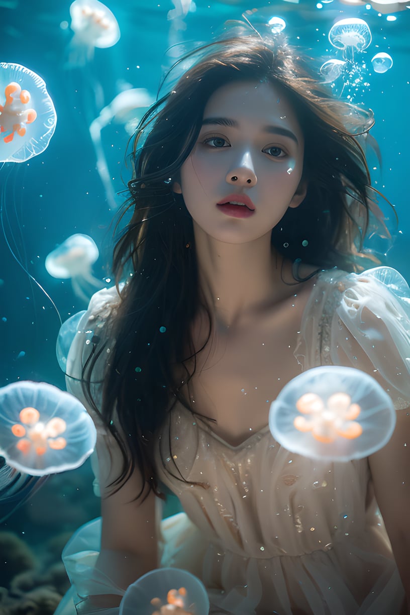 1 girl, solo, bubbles, sunshine,dark hair,glowing jellyfish, water bubbles, water, long hair, underwater, realistic, lips, looking at the audience, bubbles, parted lips, full body, water, brown eyes, jellyfish, front,  <lora:YG海底水母摄影:0.75>,