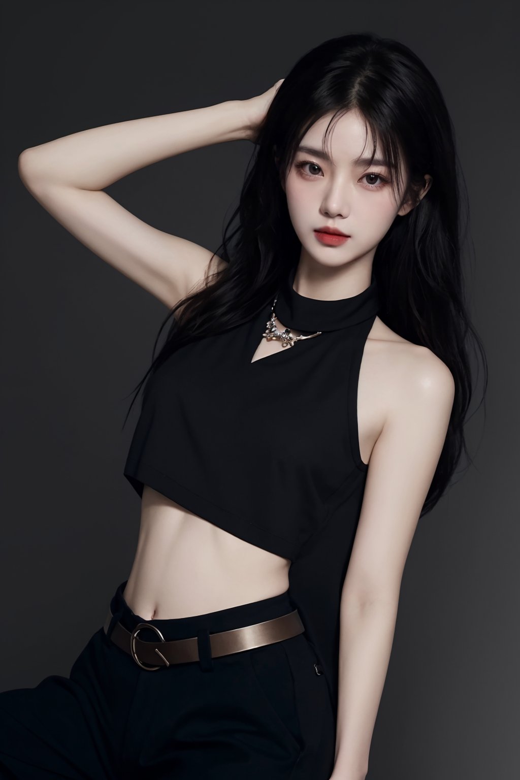 masterpiece, best quality, masterpiece,best quality,official art,extremely detailed CG unity 8k wallpaper,woman,photorealistic, masterpiece, realistic,araffed woman in black top and black pants posing for a picture, jiyun chae, wavy long - length black hair, shoulder-length black hair, lu ji, +81 magazine, wavy shoulder-length hair, kim hyun joo, physical : tinyest midriff ever, tinyest midriff ever, Wang Yuanqi, black wavy hair with bangs, long thin black hair, huge belt, female actress from korea, Du Qiong, Huang Ji, Qian Du, portrait of female korean idol, wavy long black hair, black long hair, shoulder length black hair, id magazine, Hu Zaobin, dilraba dilmurat, wavy black hair, black wavy hair, no logo, beautiful midriff, jia, Chen Jiru, gold belt, Luo Mu <lora:模特:0.8>