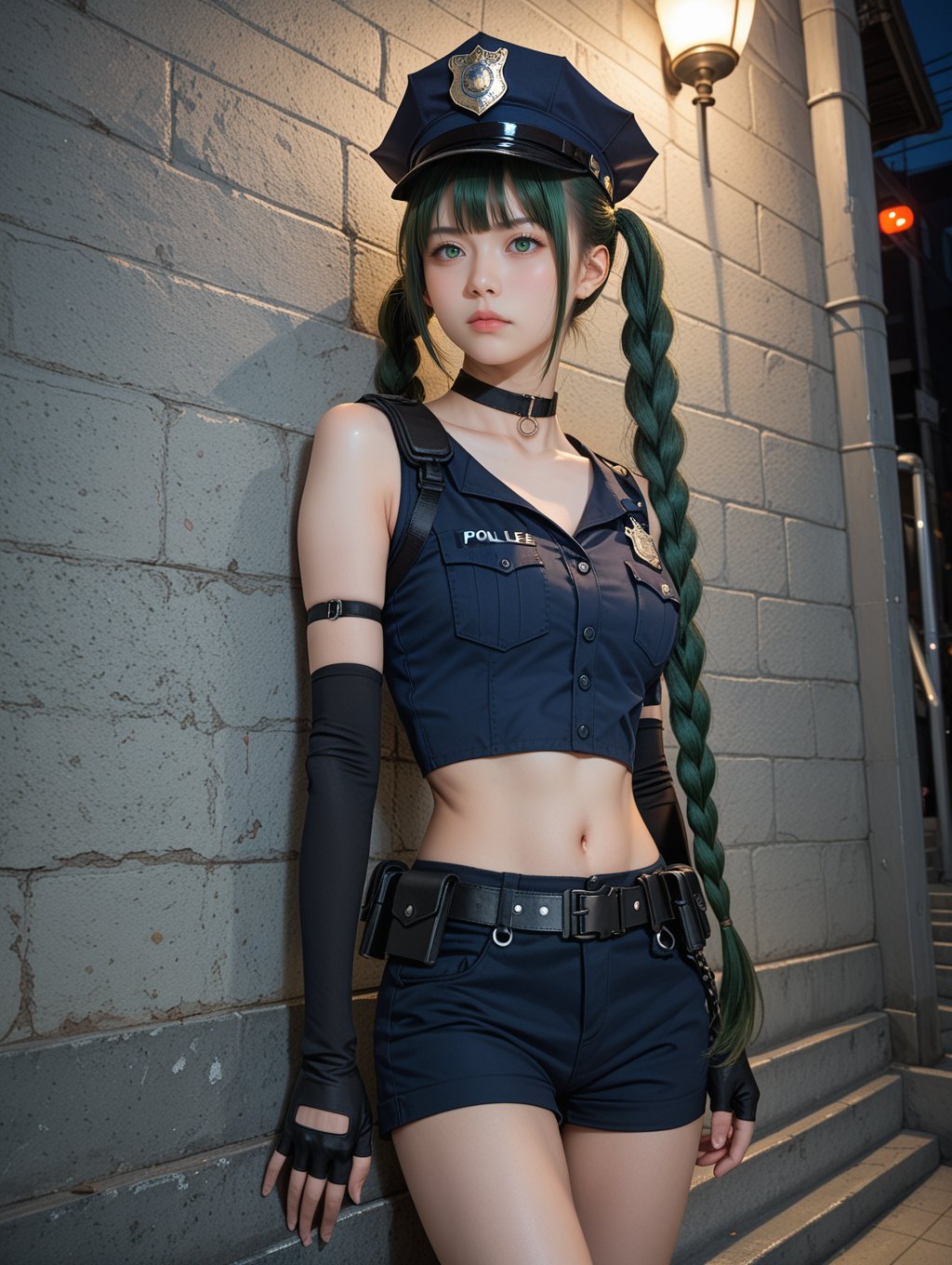 score_9, score_8_up, score_7_up, 1girl, adult, very long hair, street, night, standing, stairs, leaning against a wall, expressionless, hangs on shorts, police, police decorations on top, green eyes, green hair, twintails, fingerless gloves, shorts, bangs, twin braid, midriff, choker, elbow gloves, rating_safe