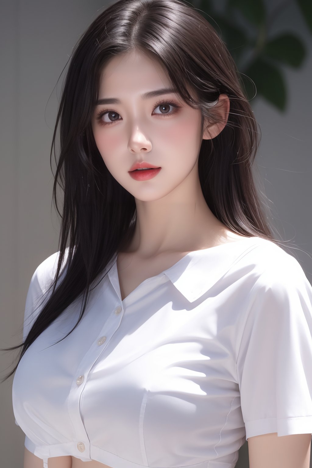 1girl, black hair, bra, bra visible through clothes, breasts, brown eyes, collared shirt, large breasts, lips, long hair, looking at viewer, nose, photorealistic, realistic, see-through, shirt, short sleeves, solo, underwear, upper body, wet clothes, wet shirt, white shirt, wing collar <lora:美女:0.8>