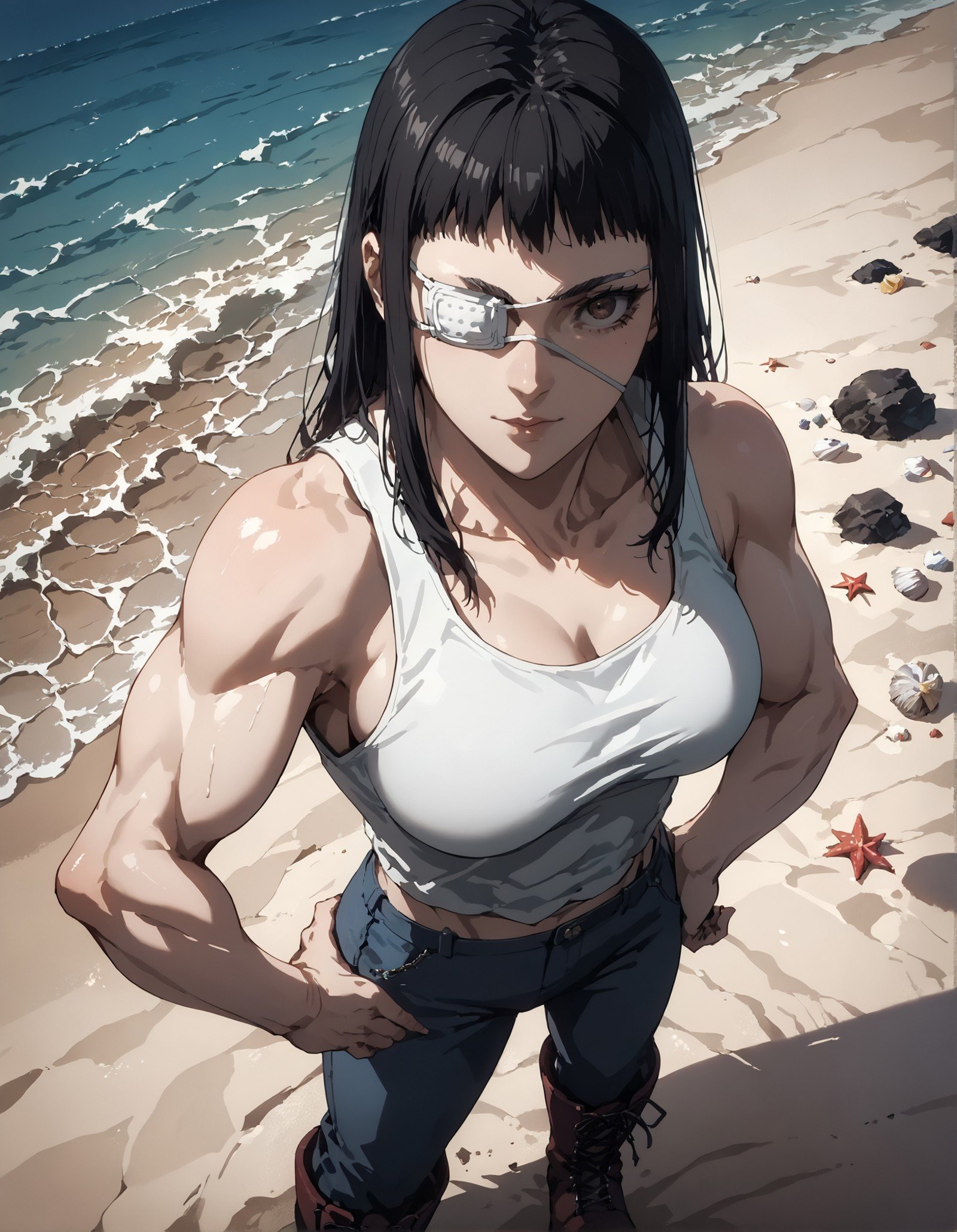 score_9, score_8_up, score_7_up,score_6_up,high resolution,source_anime,s0fiavalm3t,1girl,eyepatch,black hair,long hair,tank top,pants,boots,at beach,volumetric lighting,rim lighting,dof,dramatic shadow,close-up,dynamic pose,looking at viewer,pov,standing,hand on hip,from above