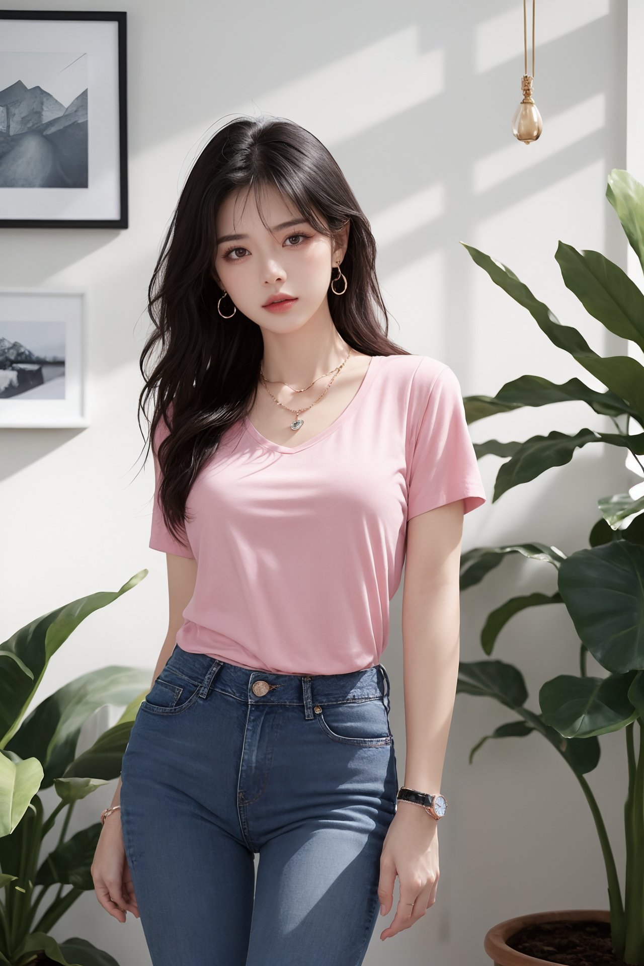 1girl, 3d, black hair, blurry, blurry background, blurry foreground, bracelet, brown eyes, denim, depth of field, indoors, jeans, jewelry, lips, looking at viewer, necklace, office, pants, photo \(medium\), photorealistic, pink shirt, plant, potted plant, realistic, shirt, solo, standing, watch, wristwatch  <lora:美女:0.66>