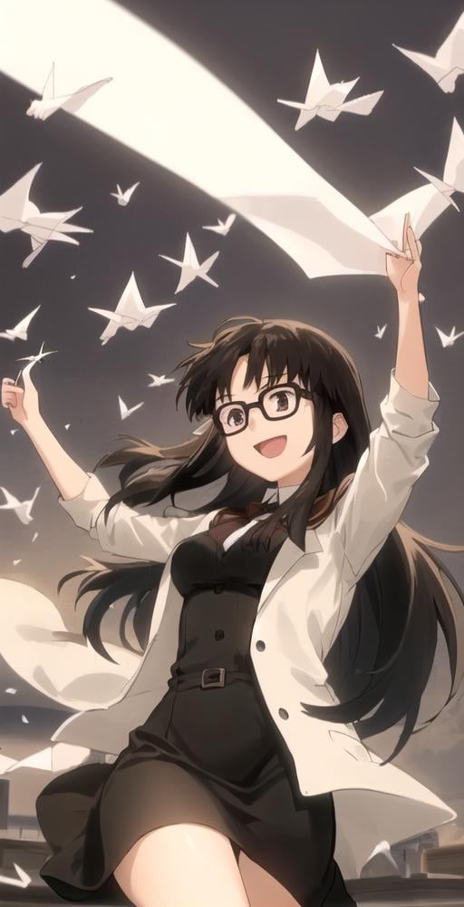 YR, 1girl, solo, happy, glasses, black dress, (((throwing paper cranes in the air))), arms up, fine detail, perfect quality, good quality, masterpiece, HDR, UHD <lora:Yomiko Readman:0.7>