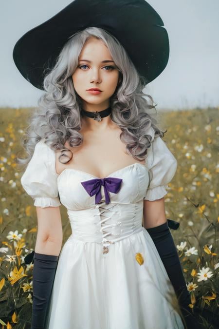 score_9, score_8_up, score_7_up, raw, photo, realistic, 1girl, witch hat, hat, solo, long hair, flower, dress, choker, puffy sleeves, looking at viewer, grass, white dress, bow, hat bow, white hair, black choker, plant, outdoors, blue eyes, purple eyes, black headwear, bangs, long sleeves, gloves, witch, blue bow, wavy hair, short sleeves, puffy short sleeves, elbow gloves, black gloves, standing, field, grey hair, sky, purple bow, breasts, curly hair, parted lips, expressionless, cowboy shot, closed mouth, leaf <lora:Photo 2 Style SDXL_LoRA_Pony Diffusion V6 XL:1>