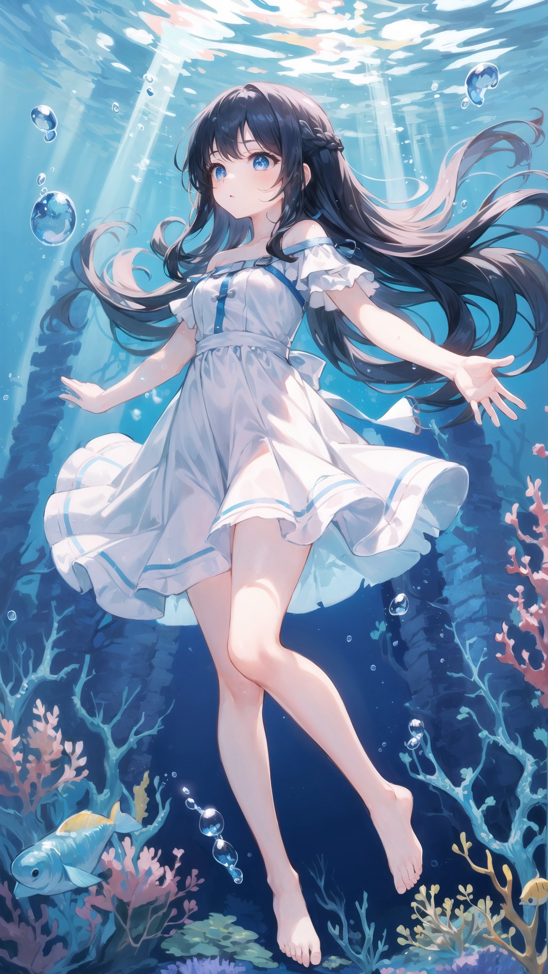 wide shot, (solo:1.3), dramatic angle, (underwater:1.2), masterpiece, best quality, intricate detail, 1girl, swimming, loli, (long hair:1.2), solo, expressionless, blue eyes, looking_up, shoulder strap dress, floating hair, floating clothes, god rays, bubble, barefoot, (full body:1.2), outstretched arm, , perfect hands,