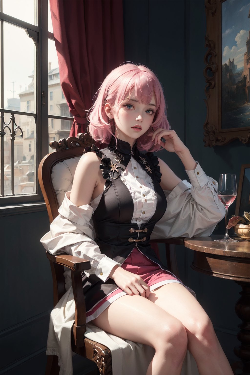 1girl Sitting on a chair,pink hair,(masterpiece, top quality, best quality, art, beautiful and aesthetic:1.2), (1girl), extreme detailed,(art:1.3),colorful,highest detailed,