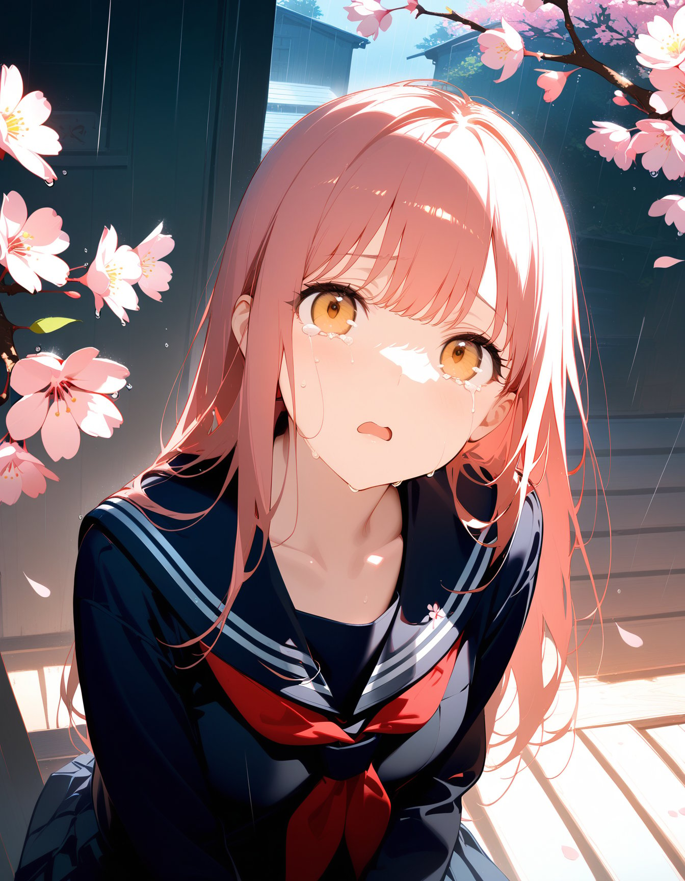 1girl,solo,rain,flower,long hair,branch,collarbone,looking up,holding,sitting,closed mouth,school uniform,pink flower,looking at viewer,serafuku,black shirt,cherry blossoms,Cry loudly,shed tears,open your mouth,