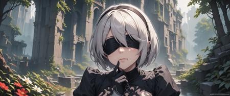 1girl,2b \(nier:automata\),nier \(series\),scenery, solo, sit, close-up on face,  blindfold, hand under chin,ruins, glass, flower, tree, sunlight, lens flare, rain, (masterpiece:1.2),(best quality:1.2),newest, intricate details,  ai-generated,
