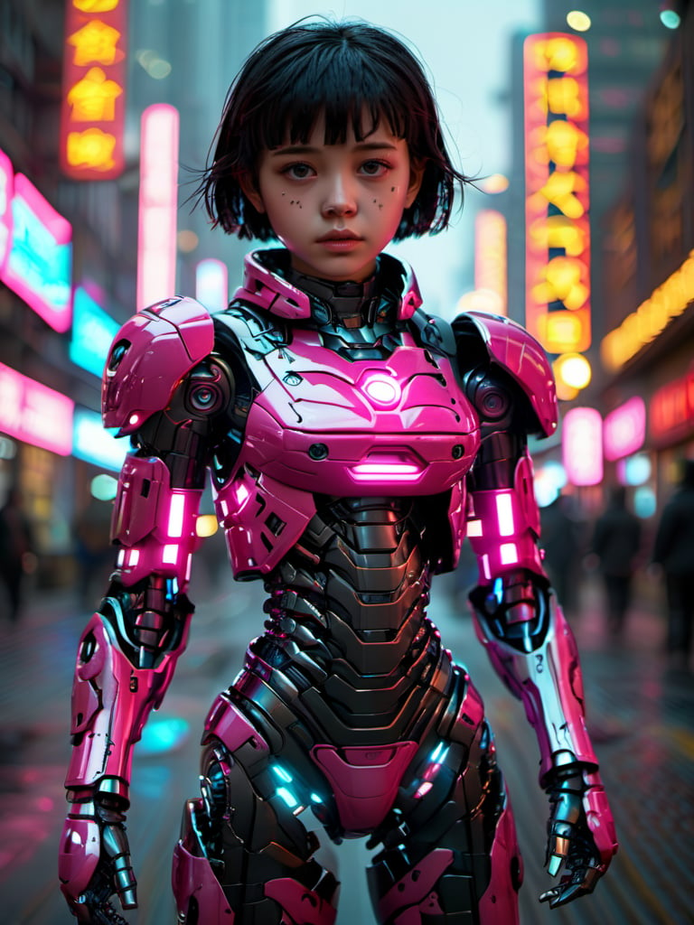 banlanz,1girl,short hair,black hair,realistic,blurry background,solo focus,brown eyes,cyberpunk,looking at viewer,outdoors,neon lights,black eyes,cyborg,cowboy shot,closed mouth,standing,<lora:banlanz-1.5:1>,