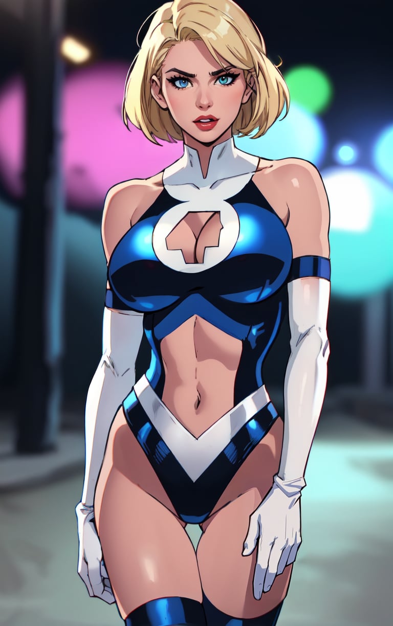 MARVEL_SueStorm_90s_ownwaifu,1girl, blonde hair, blue eyes, short hair, lips, breasts, large breasts,  makeup, lipstick, toned, cleavage cutout,  clothing cutout, cleavage, leotard, elbow gloves, gloves, navel, thighhighs, blue leotard, white gloves, bare shoulders, navel cutout, white thighhighs, midriff, highleg,  highleg leotard, <lora:MARVEL_SueStorm_90s_ownwaifu:0.65> ,((masterpiece)),((best quality)),(highres, absurdres), original, official_art, chromatic_aberration, light_particles, bokeh, bloom, depth_of_field, outdoors, day, looking at viewer, solo, cowboy shot, still life,